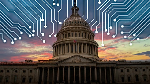 Photo of the United States Capitol with overlayed computer circuitry. Regulating technology and keeping Americans safe