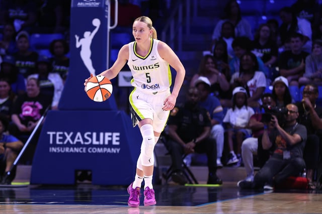 Paige Bueckers #5 of the Dallas Wings controls the ball during the second half of a preseason game against the Toyota Antelopes at College Park Center on May 10, 2025 in Arlington, Texas.