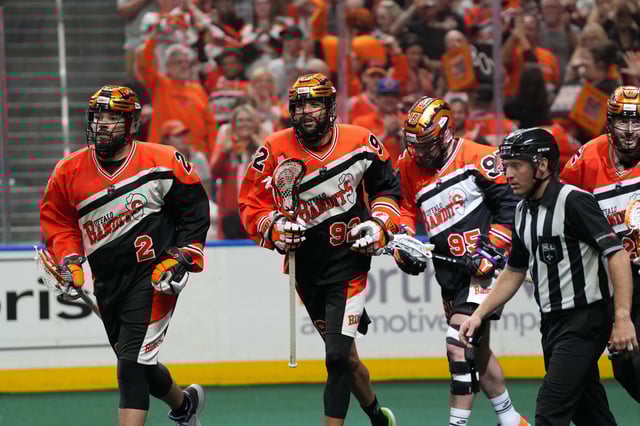 Chase Fraser #95 of the Buffalo Bandits scores his second goal against the Colorado Mammoth during the first half of game three of the NLL Championship at KeyBank Center on June 3, 2023 in Buffalo, New York.