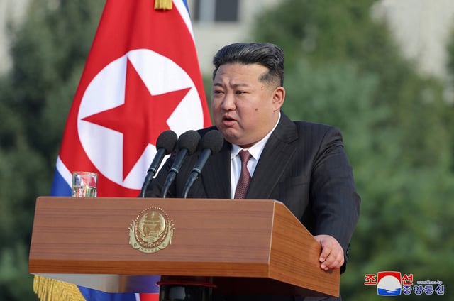 North Korean leader Kim Jong Un speaks during a visit to the National Defense University in Pyongyang, North Korea, October 7, 2024, in this photo released by North Korea's official Korean Central News Agency. KCNA via REUTERS/File Photo