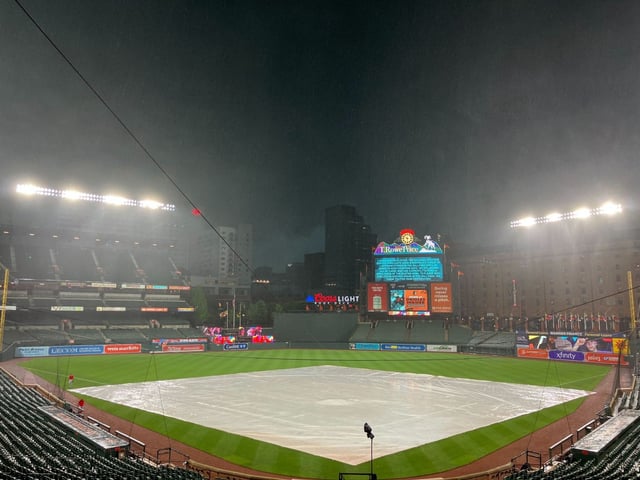 Dark clouds gather as rain pours down at Camden Yards ahead of the Orioles&#39; game against the Nationals on Friday, May 16, 2025. (Jacob Calvin Meyer/Staff)