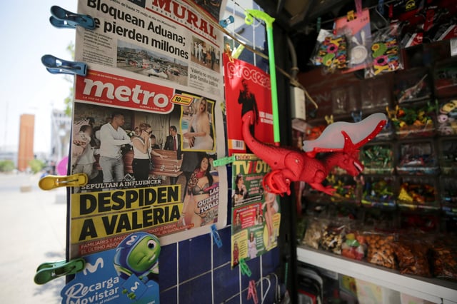 A newsstand displays front pages covering the funeral Mass of Valeria Marquez, 23, a Mexican social media influencer who was fatally shot during a TikTok livestream, in Guadalajara, Mexico, May 16, 2025. REUTERS/Stringer