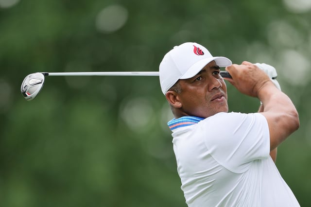 CHARLOTTE, NORTH CAROLINA - MAY 16: Jhonattan Vegas of Venezuela hits a tee shot on the 18th hole during the second round of the PGA Championship at Quail Hollow Country Club on May 16, 2025 in Charlotte, North Carolina. (Photo by Alex Slitz/Getty Images)