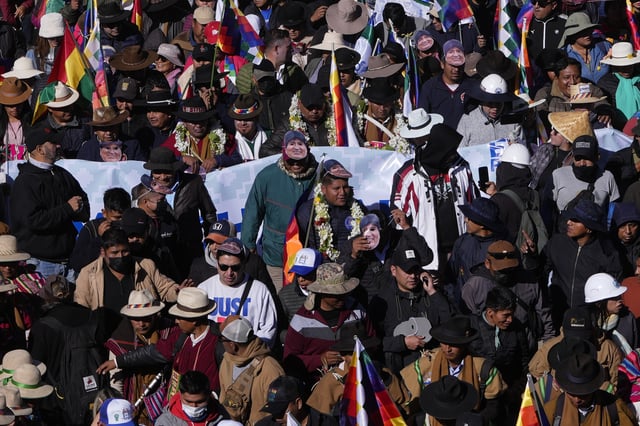 Supporters of former President Evo Morales march towards the offices of the Electoral Tribunal in El Alto, Bolivia, Friday, May 16, 2025. (AP Photo/Juan Karita)