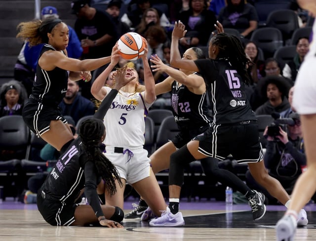 Golden State Valkyries’ Kayla Thornton, #5 Temi Fagbenle, #14 Veronica Burton #22 and Tiffany Hayes #15 defend Los Angeles Sparks’ Dearica Hamby #5 after a loose ball in the third quarter of their WNBA pre-season game at the Chase Center in San Francisco, Calif., on Tuesday, May 6, 2025. (Jane Tyska/Bay Area News Group)