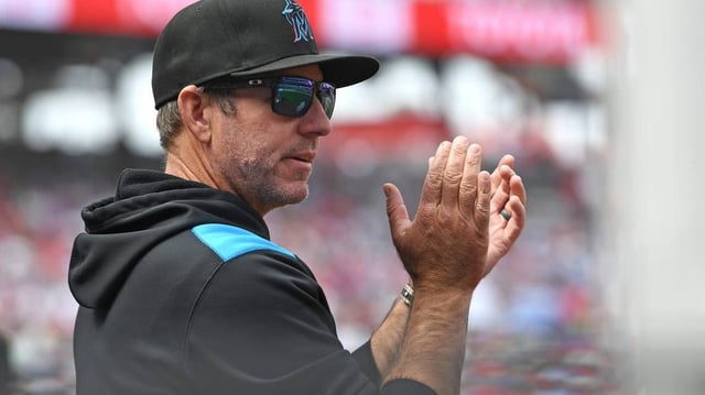 Apr 20, 2025; Philadelphia, Pennsylvania, USA; Miami Marlins manager Clayton McCullough (86) during the fourth inning against the Philadelphia Phillies at Citizens Bank Park. Mandatory Credit: Eric Hartline-Imagn Images