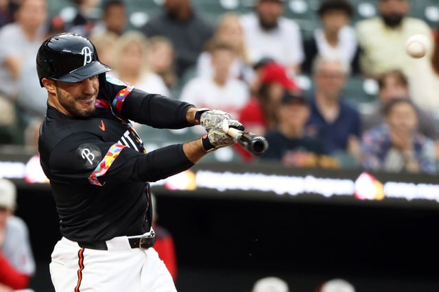 Baltimore Orioles&#39; Ramon Laureano hits a single during the first inning of a baseball game against the Washington Nationals, Friday, May 16, 2025, in Baltimore (AP Photo/Daniel Kucin Jr.)