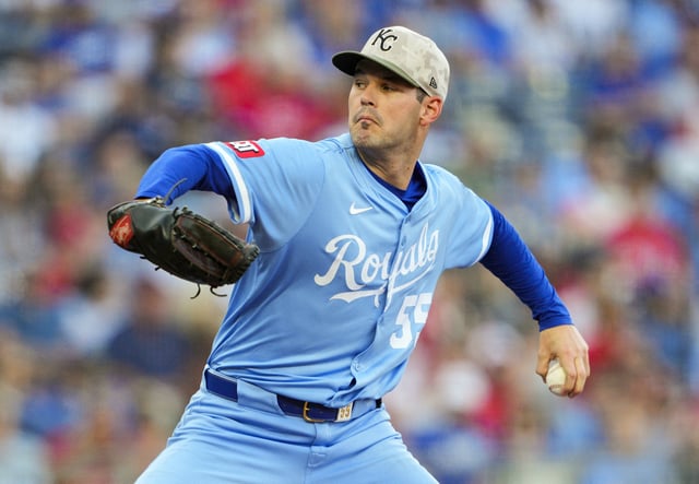 May 16, 2025; Kansas City, Missouri, USA; Kansas City Royals starting pitcher Cole Ragans (55) pitches during the first inning against the St. Louis Cardinals at Kauffman Stadium. Jay Biggerstaff-Imagn Images