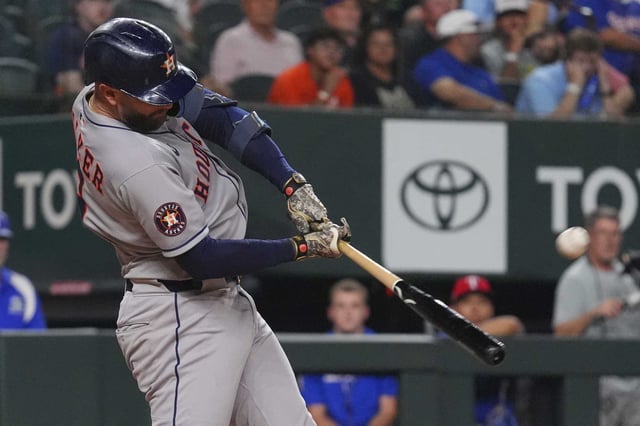 Houston Astros&#39; Christian Walker hits a home run during the seventh inning of a baseball game against the Texas Rangers, Friday, May 16, 2025, in Arlington, Texas. (AP Photo/LM Otero)