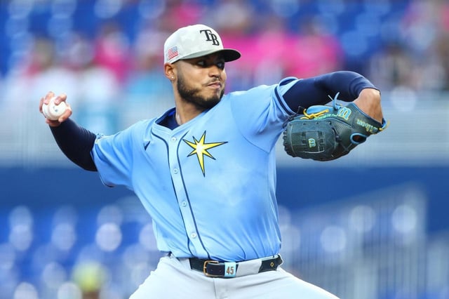 Taj Bradley #45 of the Tampa Bay Rays pitches against the Miami Marlins in the first inning of the game at loanDepot park on May 16, 2025, in Miami, Florida. (Megan Briggs/Getty Images North America/TNS)