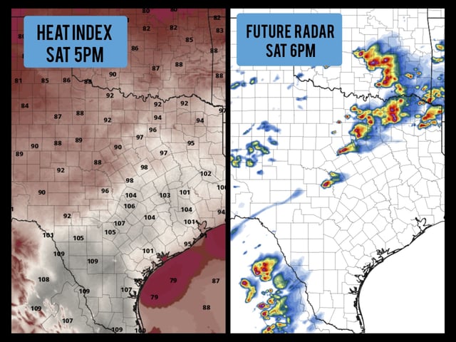 Shown at left are expected heat index values at 5 p.m. Saturday in South Texas. At right is future weather radar modeling for 6 p.m. Saturday, according to the HRRR forecast model.