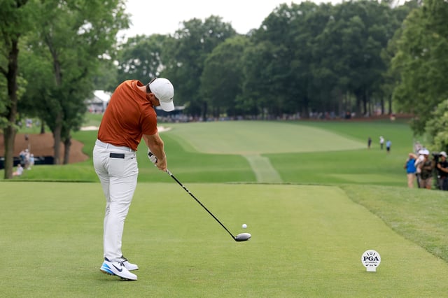 Rory McIlroy of Northern Ireland plays a shot on the 11th tee during the second round of the PGA Championship at Quail Hollow Country Club on May 16, 2025 in Charlotte, North Carolina.