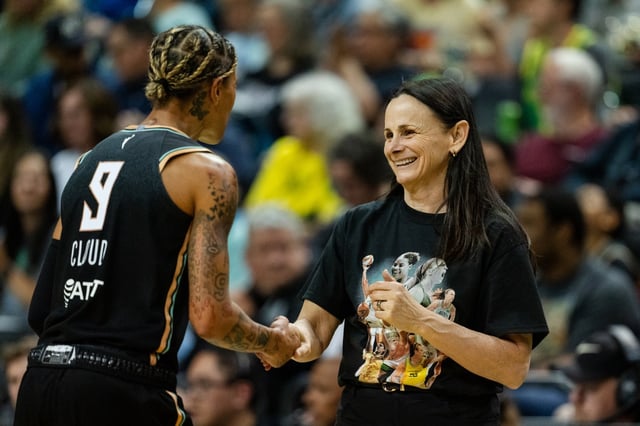 EUGENE, OREGON - MAY 12:  Natasha Cloud #9 and head coach Sandy Brondello of the New York Liberty react after a foul call during the second half of the WNBA preseason game against the Toyota Antelopes at Matthew Knight Arena on May 12, 2025 in Eugene, Oregon. (Photo by Ali Gradischer/Getty Images)