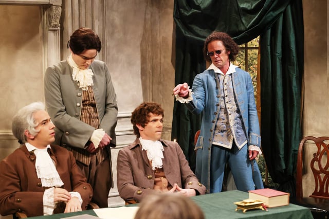 (l-r) Andrew Dismukes, Michael Longfellow, Mikey Day, and Walton Goggins as Matt during the "The Second Amendment" sketch on Saturday Night Live on May, 10 2025.