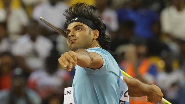 Neeraj Chopra competes in the men's Javelin throw final during the IAAF Diamond League competition at the Suheim Bin Hamad Stadium in Doha on Friday. (AFP)