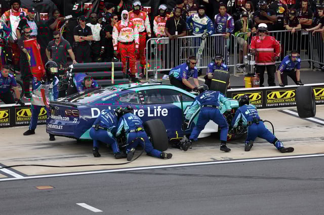 Michael McDowell, driver of the #71 Delaware Life Chevrolet, pits during qualifying for the NASCAR Cup Series All-Star Pit Crew Challenge Open at North Wilkesboro Speedway on May 16, 2025 in North Wilkesboro, North Carolina.