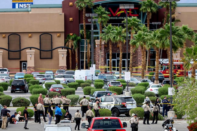 Las Vegas police investigate following an officer involved shooting that left a suspect dead at Las Vegas Athletic Club on North Rainbow Boulevard in Las Vegas on May 16, 2025.