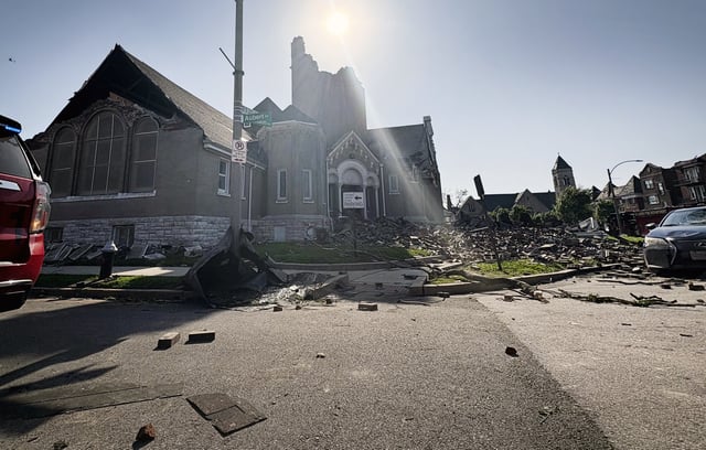 Part of Centennial Christian Church in St. Louis, Missouri, collapsed on Friday, May 16, 2025 when severe storms, including a possible tornado, swept through the city. (AP Photo/Michael Phillis)
