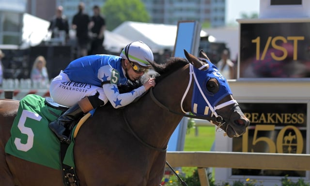 Augusta Melody, ridden by Irad Ortiz Jr. wins the first race, the Batoff Goldie during the 150th Preakness at Pimlico Race Course. (Karl Merton Ferron/Staff)