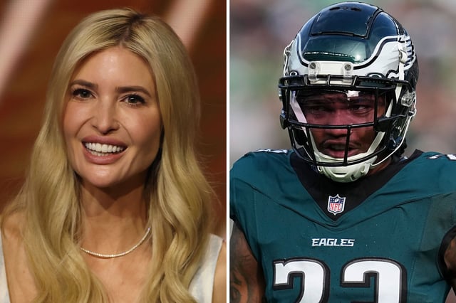 Ivanka Trump looking on during the 2025 FIFA Club World Cup Draw at Telemundo Studios on December 05, 2024 in Miami, Florida (left) and Eli Ricks #23 of the Philadelphia Eagles playing against the Carolina Panthers at Lincoln Financial Field on December 8, 2024 in Philadelphia, Pennsylvania (right).