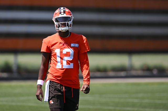 Shedeur Sanders #12 of the Cleveland Browns looks on during rookie minicamp at CrossCountry Mortgage Campus on May 10, 2025 in Berea, Ohio.