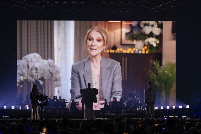 A video message from Celine Dion during the dress rehearsal and preview show of the first semi-final at the 69th Eurovision Song Contest in Basel, Switzerland, Monday, May 12, 2025.