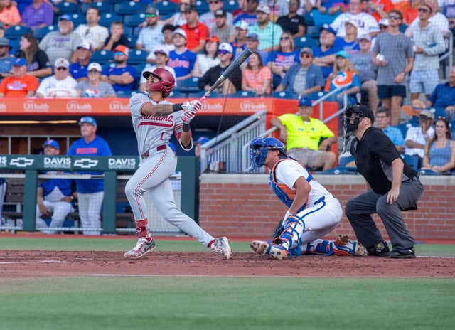 Alabama's infielder Justin Lebron (1) with a two run homer in the top of the third inning against UF. Florida came back from being down 5-0 to beat Alabama 7-6, Friday, April 25, 2025, at Condron Family Ballpark in Gainesville, Florida. [Cyndi Chambers/ Gainesville Sun] 2025