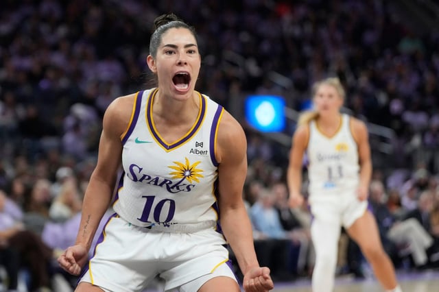 Sparks guard Kelsey Plum celebrates after scoring in a victory over the Golden State Valkyries in the teams’ WNBA season opener Friday, May 16, 2025, in San Francisco. (AP Photo/Jeff Chiu)