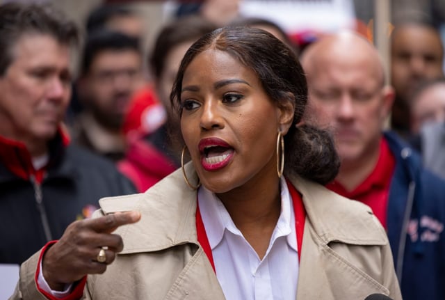 Chicago Teachers Union President Stacy Davis Gates speaks in support of Firefighters Local 2 union members at a rally for their contract, April 16, 2025, outside City Hall. (Brian Cassella/Chicago Tribune)