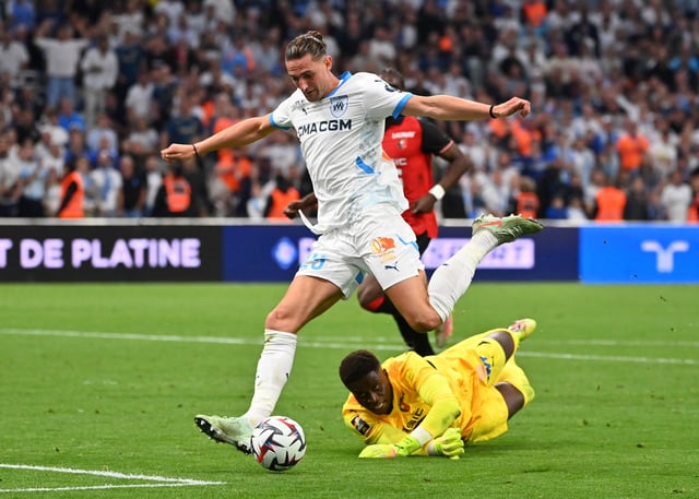 Soccer Football - Ligue 1 - Olympique de Marseille v Stade Rennes - Orange Velodrome, Marseille, France - May 17, 2025 Olympique de Marseille's Adrien Rabiot scores their fourth goal REUTERS/Alexandre Dimou