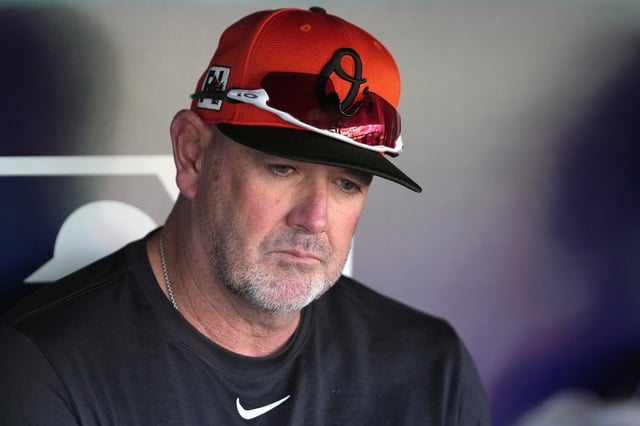 WASHINGTON, DC - APRIL 23: Manager Brandon Hyde #18 of the Baltimore Orioles looks on during batting practice prior to a baseball game against the Washington Nationals at Nationals Park on April 23, 2025 in Washington, DC.