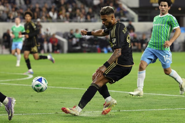 LAFC forward Denis Bouanga kicks the ball during the second half against Seattle Sounders FC on Wednesday, May 14, 2025, at BMO Stadium. (Photo by Raul Romero Jr., Contributing Photographer)