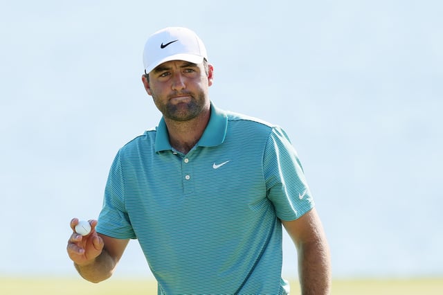 CHARLOTTE, NORTH CAROLINA - MAY 17: Scottie Scheffler of the United States reacts after an eagle on the 14th green during the third round of the PGA Championship at Quail Hollow Country Club on May 17, 2025 in Charlotte, North Carolina.