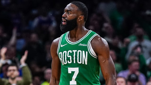 May 7, 2025; Boston, Massachusetts, USA; Boston Celtics guard Jaylen Brown (7) react after a play against the New York Knicks in the second quarter during game two of the second round for the 2025 NBA Playoffs at TD Garden. Mandatory Credit: David Butler II-Imagn Images