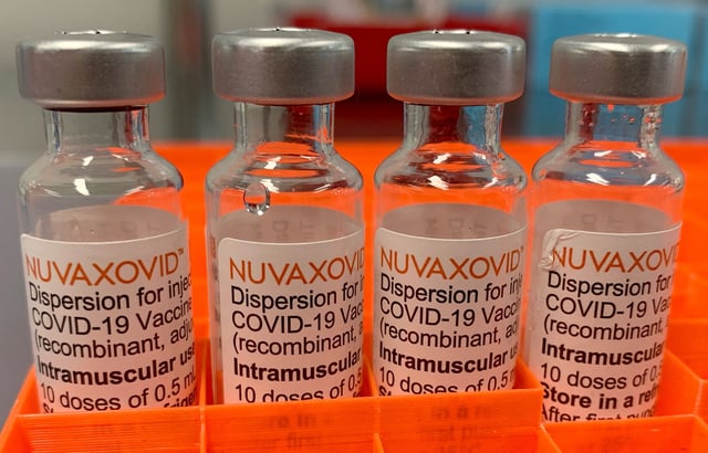 Four vials with the "Nuvaxovid" COVID-19 vaccine from Novavax are pictured in Saabruecken, Germany, February 26, 2022.     REUTERS/Frank Simon/File Photo