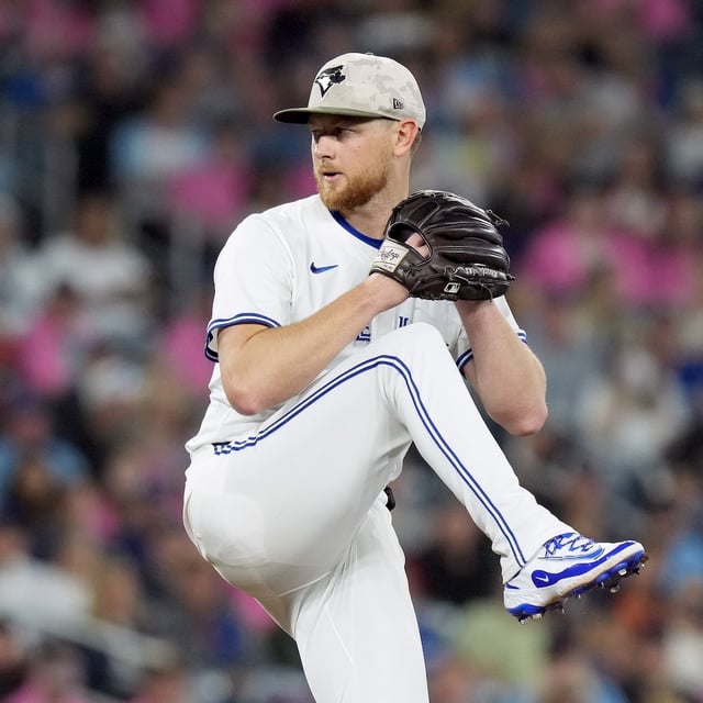 Toronto Blue Jays pitcher Eric Lauer (56) works during first inning MLB baseball action against the Detroit Tigers, in Toronto, Saturday, May 17, 2025. THE CANADIAN PRESS/Chris Young