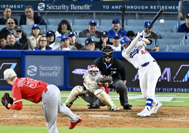 Andy Pages #44 of the Los Angeles Dodgers singles against the Los Angeles Angels in the eighth inning during a baseball game at Dodger Stadium in Los Angeles on Saturday, May 17, 2025. (Photo by Keith Birmingham, Orange County Register/ SCNG)