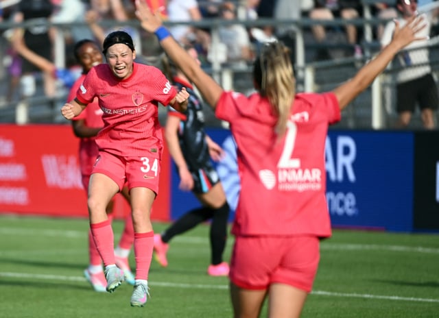 May 17, 2025; Cary, North Carolina, USA; North Carolina Courage forward Manaka Matsukubo (34) celebrates a goal during the second half against the Chicago Stars at First Horizon Stadium at WakeMed Soccer Park. Rob Kinnan-Imagn Images