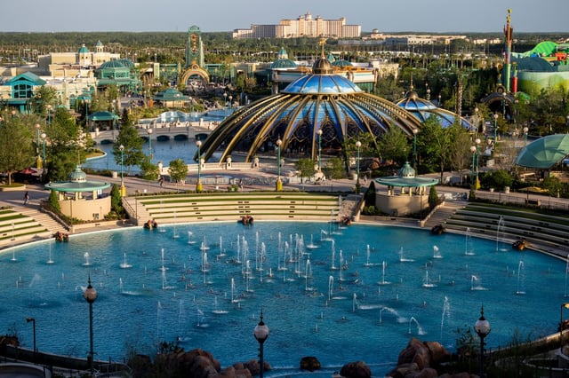 A view from Universal Helios Grand Hotel shows the worlds of Universal Epic Universe, including Celestial Park, on April 4. (Patrick Connolly/Orlando Sentinel)