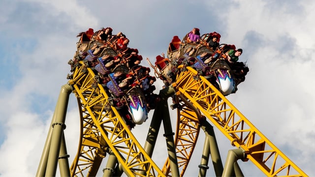 Guests ride Stardust Racers, a new dueling roller coaster ride in Celestial Park during a preview day for Universal Epic Universe on April 5. (Patrick Connolly/Orlando Sentinel)