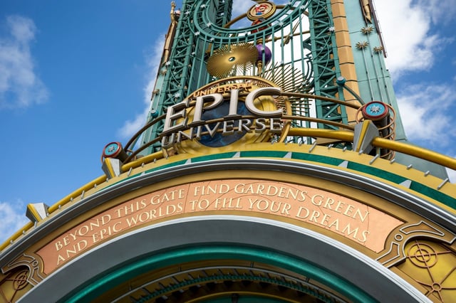 The entrance portal welcomes guests into Orlando’s newest theme park during a preview day for Universal Epic Universe on April 5. (Patrick Connolly/Orlando Sentinel)