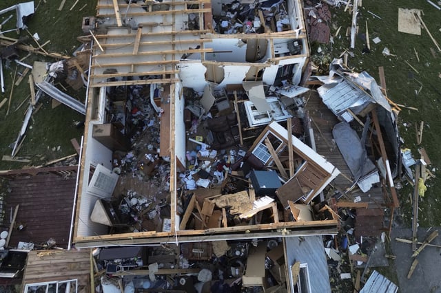 A destroyed home is seen from above after a severe storm passed through the area, Saturday, May 17, 2025, in London, Kentucky.