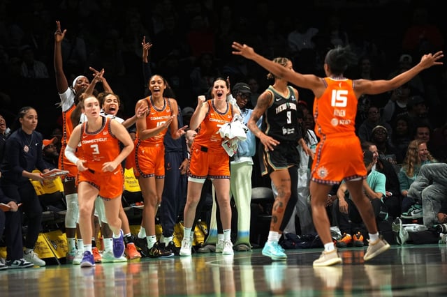 The Connecticut Suns bench cheers for teammate Lindsay Allen, right after Allen&#39;s made three-point shot in Friday&#39;s WNBA preseason win at the New York Liberty at Barclays Center. (Angelina Katsanis/Getty Images)