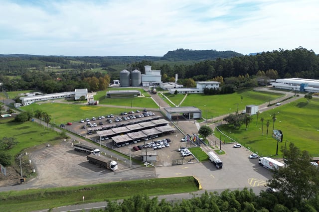 A drone view shows the installations of Vibra Foods, a Brazilian operation backed by Tyson Foods TSN.N, after Brazil's first outbreak of bird flu was identified at a poultry farm supplying Vibra Foods, in Montenegro, Brazil May 16, 2025. REUTERS/Diego Vara
