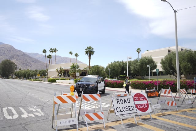 A road is closed near the site of an explosion Saturday, May 17, 2025, in Palm Springs, Calif.