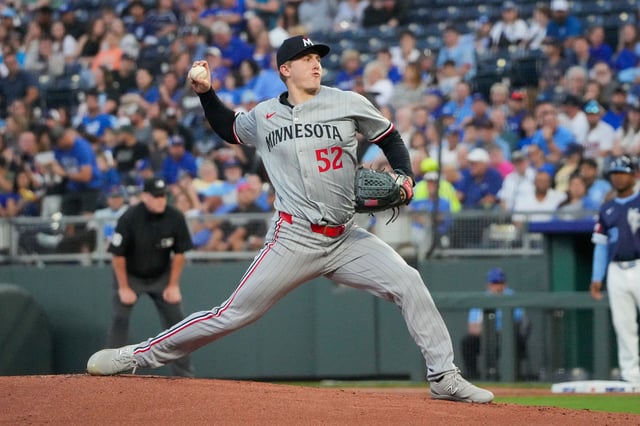 Sep 6, 2024; Kansas City, Missouri, USA; Minnesota Twins starting pitcher Zebby Matthews (52) delivers a pitch against the Kansas City Royals in the first inning at Kauffman Stadium. Mandatory Credit: Denny Medley-Imagn Images/File Photo