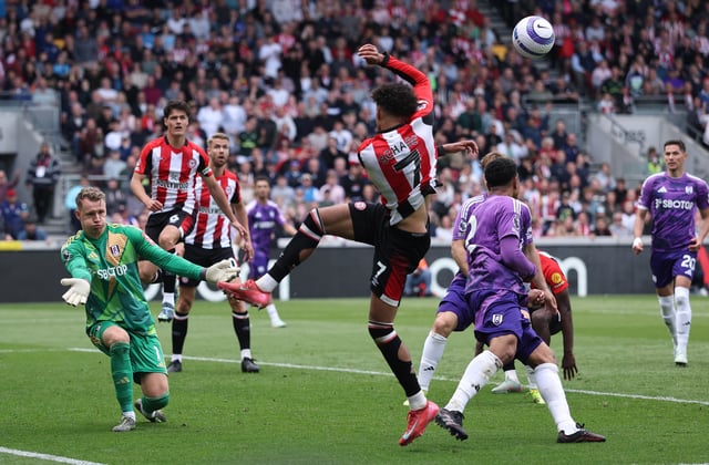 Soccer Football - Premier League - Brentford v Fulham - GTech Community Stadium, London, Britain - May 18, 2025 Fulham's Bernd Leno in action with Brentford's Kevin Schade REUTERS/Toby Melville