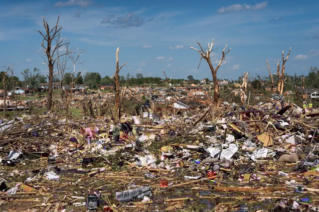 Debris are scattered across the Sunshine Hills neighborhood after a series of tornadoes hit Laurel County, in London, Kentucky, U.S. May 17, 2025.  REUTERS/Seth Herald
