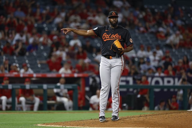 ANAHEIM, CALIFORNIA - MAY 9: Felix Bautista #74 of the Baltimore Orioles gestures in the ninth inning against the Los Angeles Angels at Angel Stadium of Anaheim on May 9, 2025 in Anaheim, California.