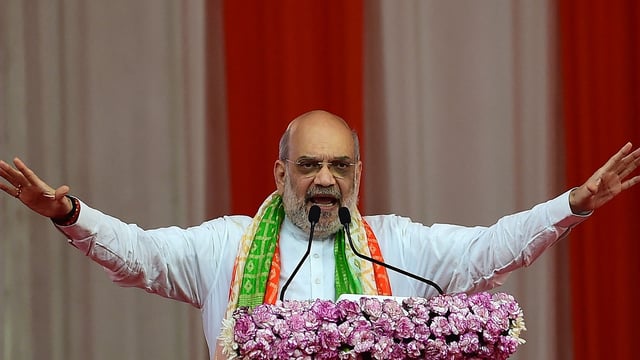 Amit Shah, union home minister, addresses a gathering in Ahmedabad on May 18, 2025 where he confirmed the use of BrahMos in Operation Sindoor.